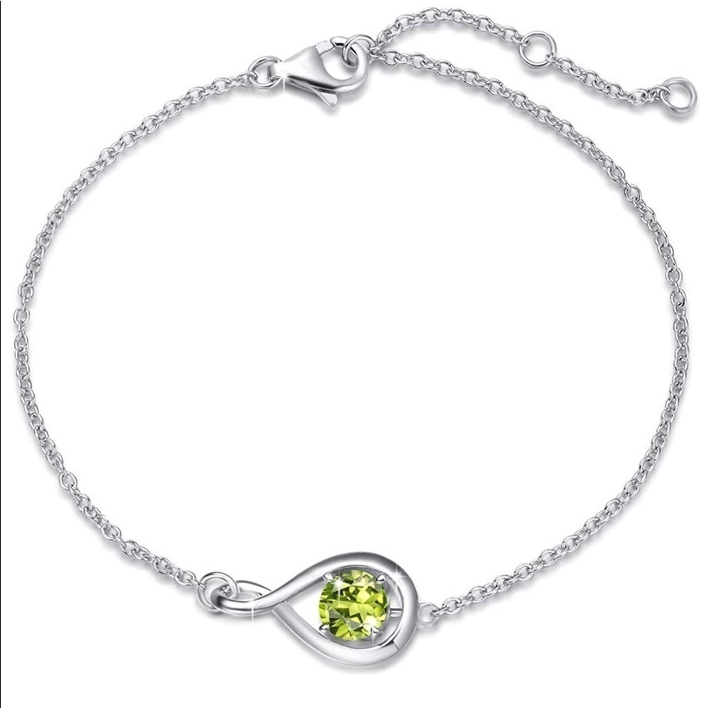 925 Sterling Silver Infinity PERIDOT Charm Link Wrist Bracelet Adjustable